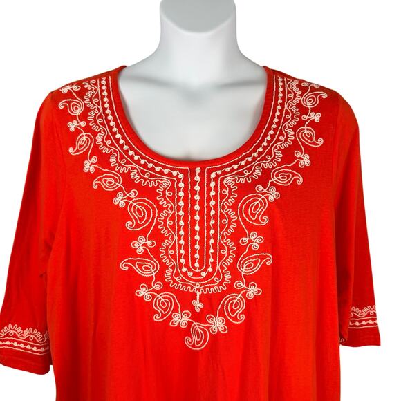 Woman Within Tunic Top Womens 2X 26/28 Red-orange Embroidered 100% Cotton Boho - Picture 2 of 16